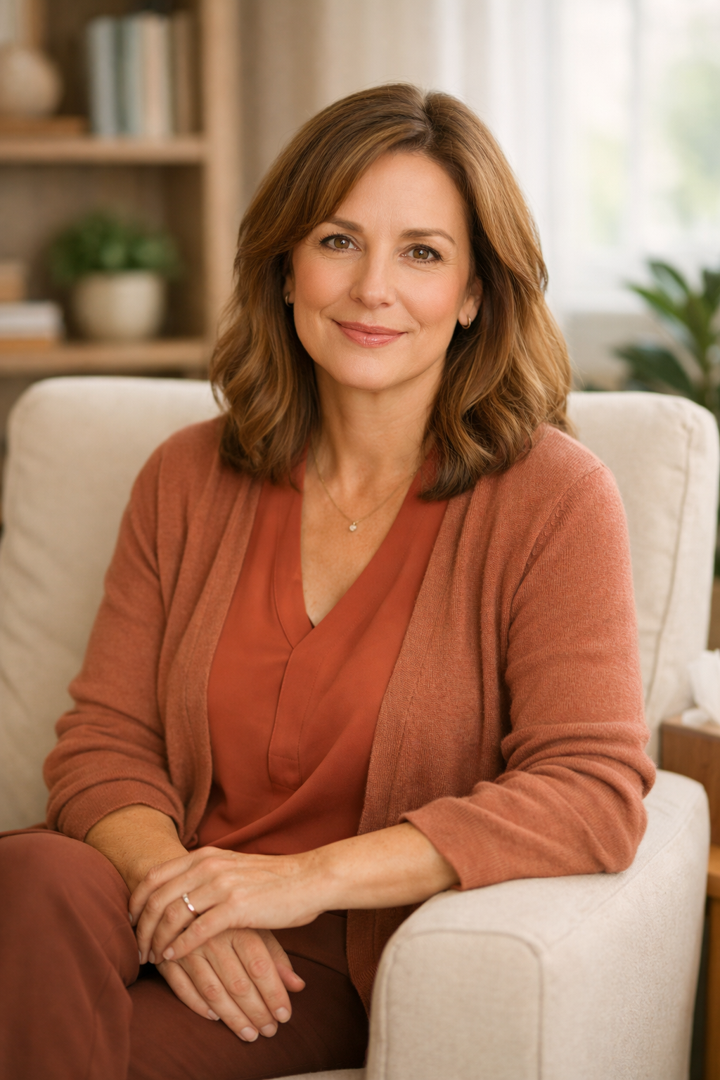 Psicóloga em consultório acolhedor